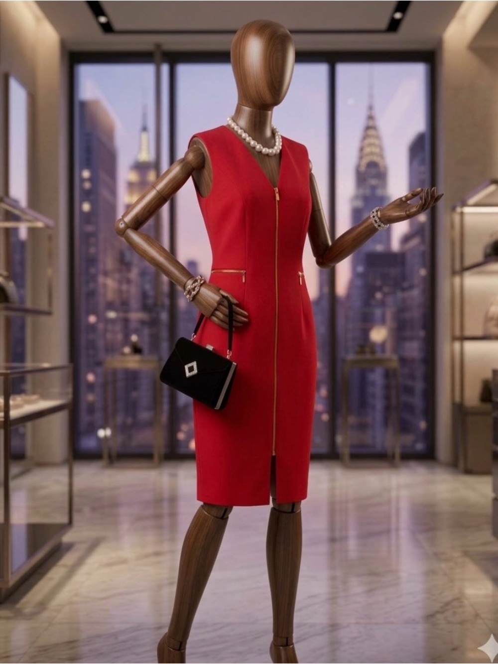 Calvin Klein Red Sleeveless Sheath Dress Gold Zip Accents Size 14